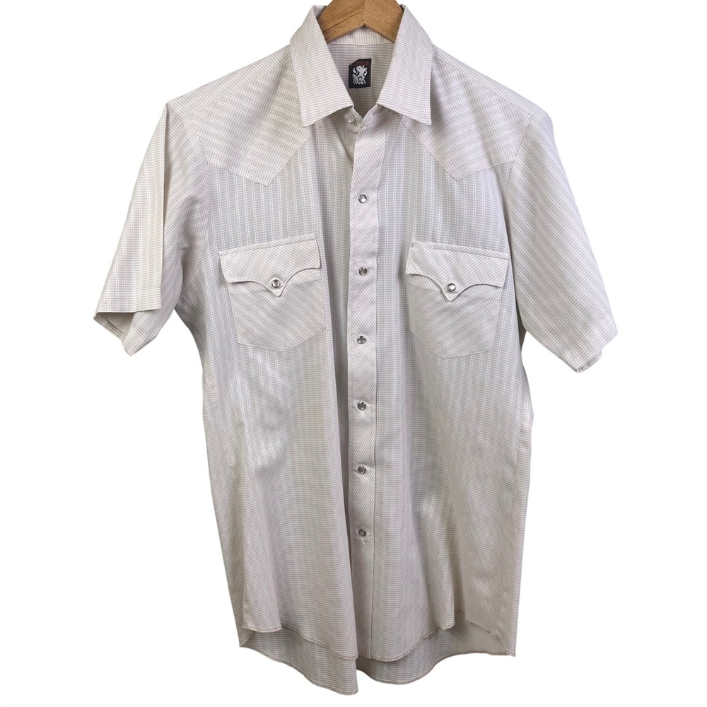 Karman White Tan Striped Pearl Snap Short Sleeve Western Rodeo Shirt USA Medium